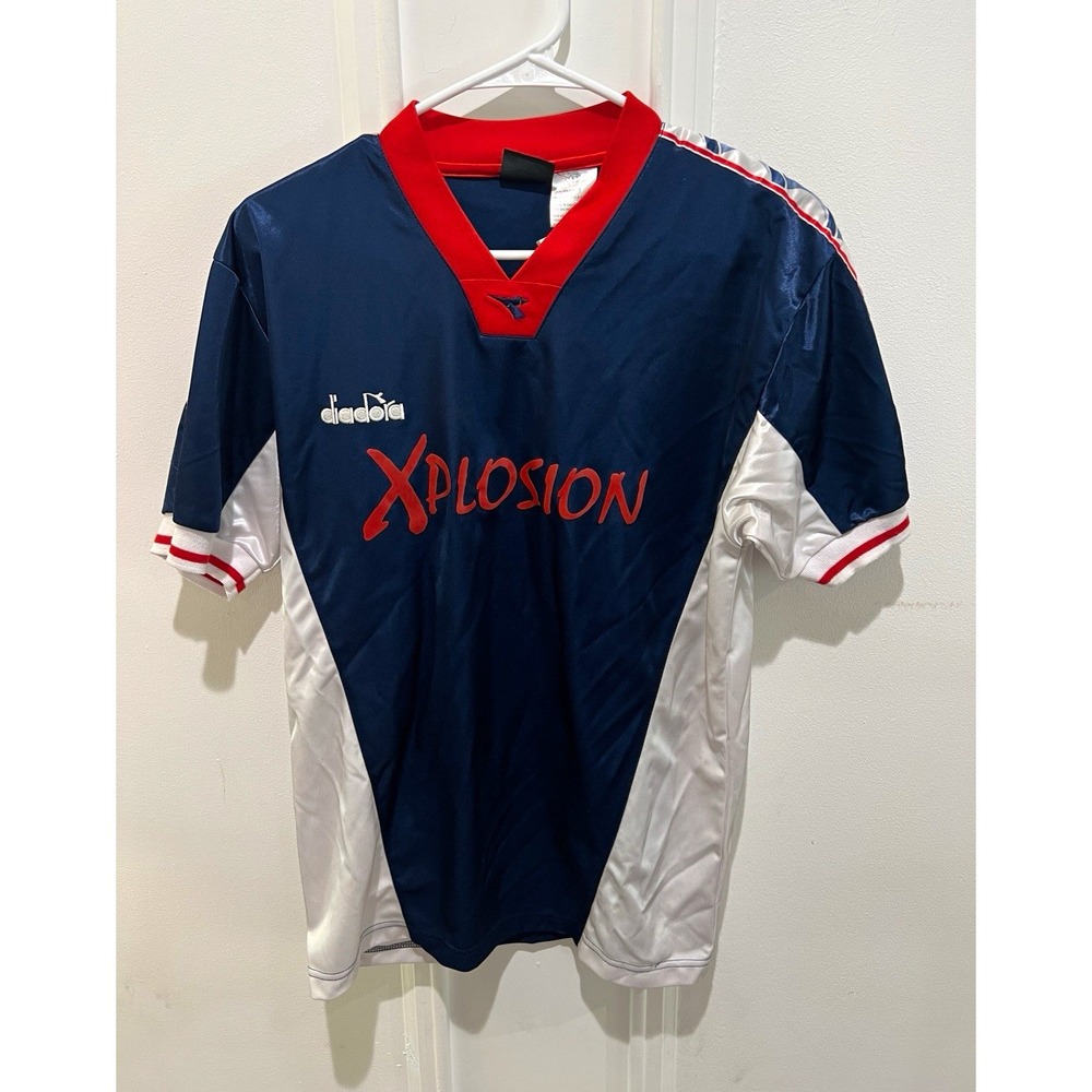Vintage Diadora Xplosion Soccer Jersey Mens Small #9 Navy Red White Y2K Football